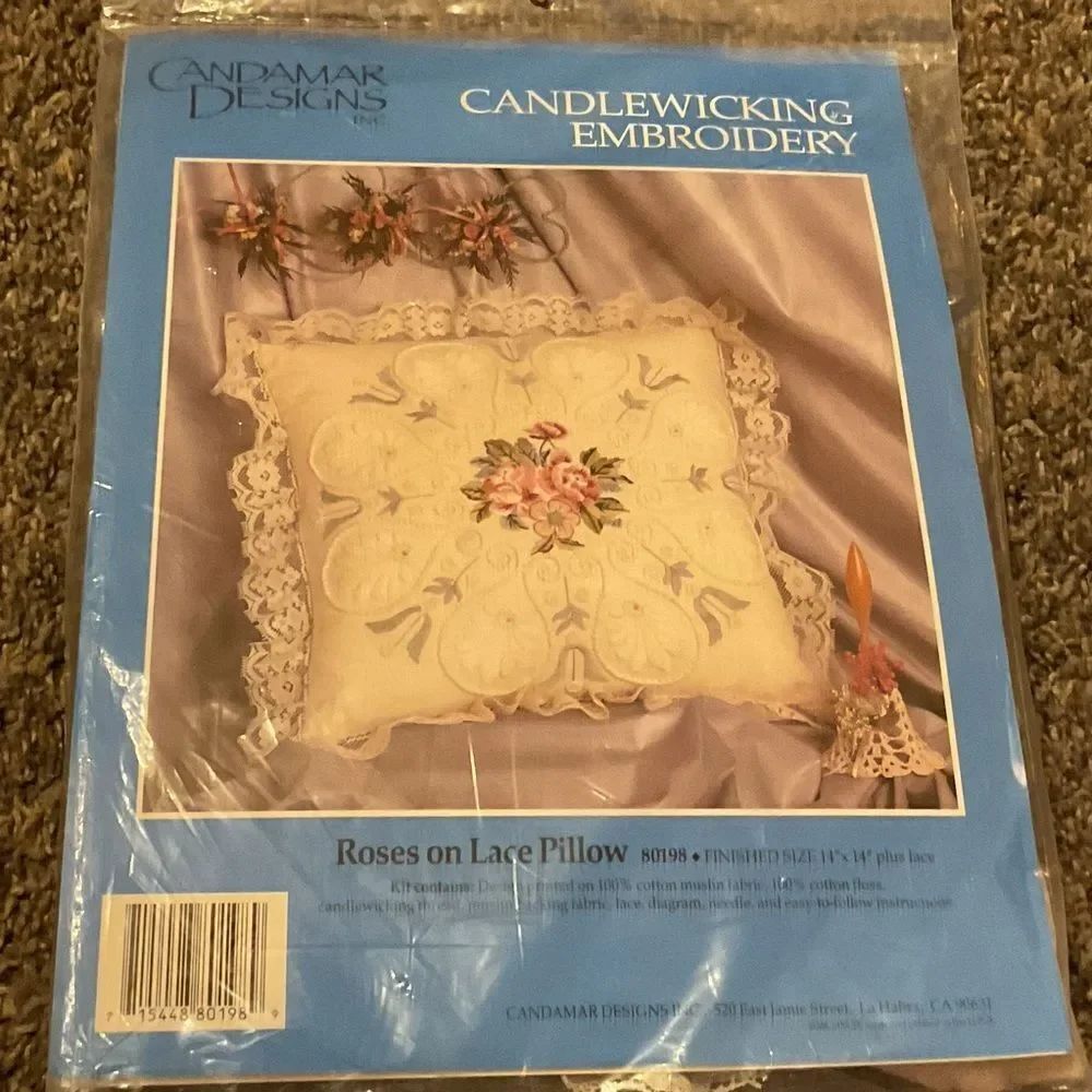 Candamar Designs Roses on Lace Candlewicking Pillow - Cream with Pink Roses